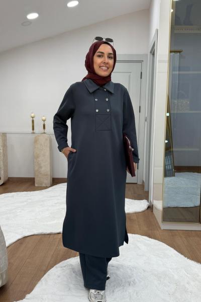 Çıtçıtlı Detaylı Maksi Boy Scuba Takım Füme